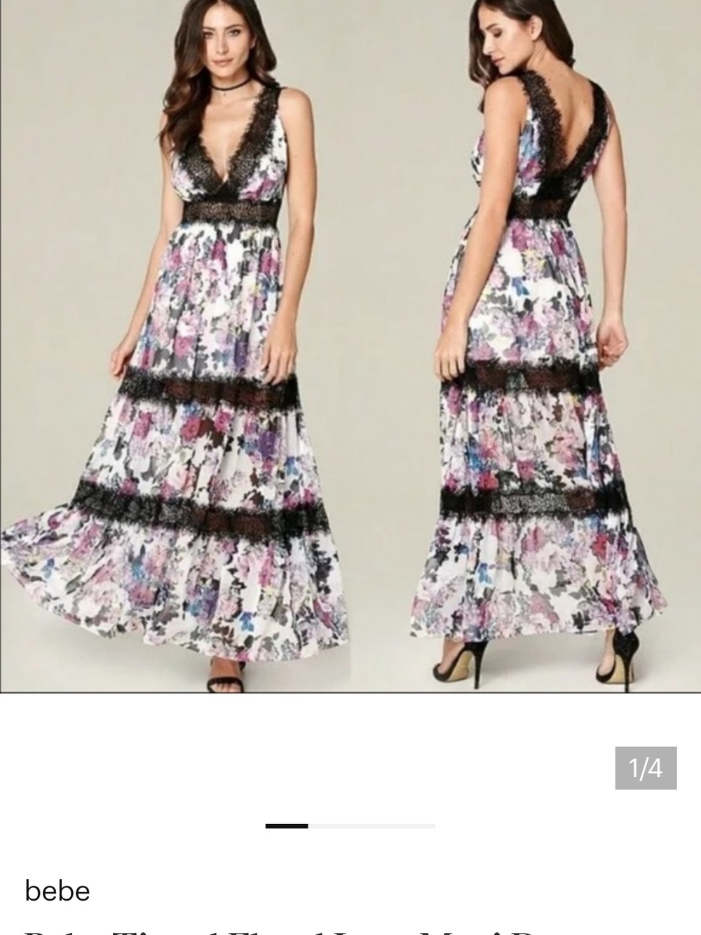 bebe Floral Tiered Maxi Dress Black Lace Trim - Y2K 90s coquette